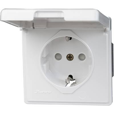 White external socket with hinged cover, open. Socket shows Euro-standard openings for plugs.