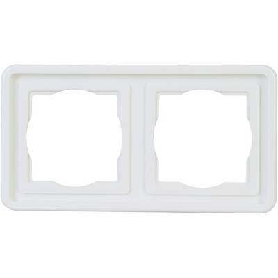 A white double frame cover with two openings for light switches or sockets in a rectangular format.