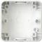 A blank, white plastic junction box with visible screw holes and mounting points at the corners.