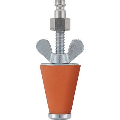 An orange conical plug with a metal top and wing nut, used for sealing pipe openings.