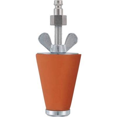 A conical, orange-coloured stopper made of solid material with a metallic screw mechanism on top, presumably for sealing purposes.