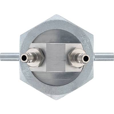 View of a hexagonal metal component with two lateral connections. This may be a connecting element.