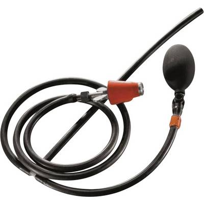Black hose with red valve and bladder pump, often used for pressure measurement or liquid transfer.