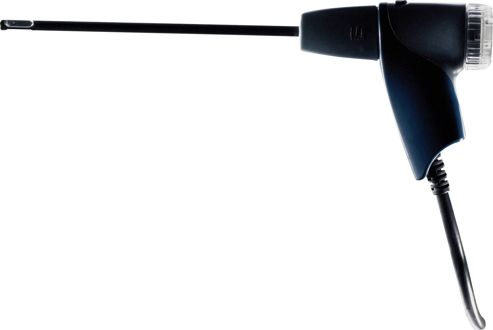 A black, wired medical endoscope with a flexible tube and camera lens against a white background.