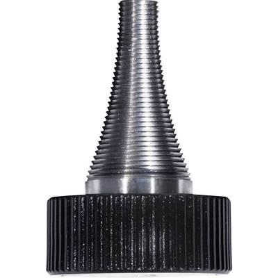 Metallic, tapering screw shaft with a toothed structure ends in a black, ridged button.