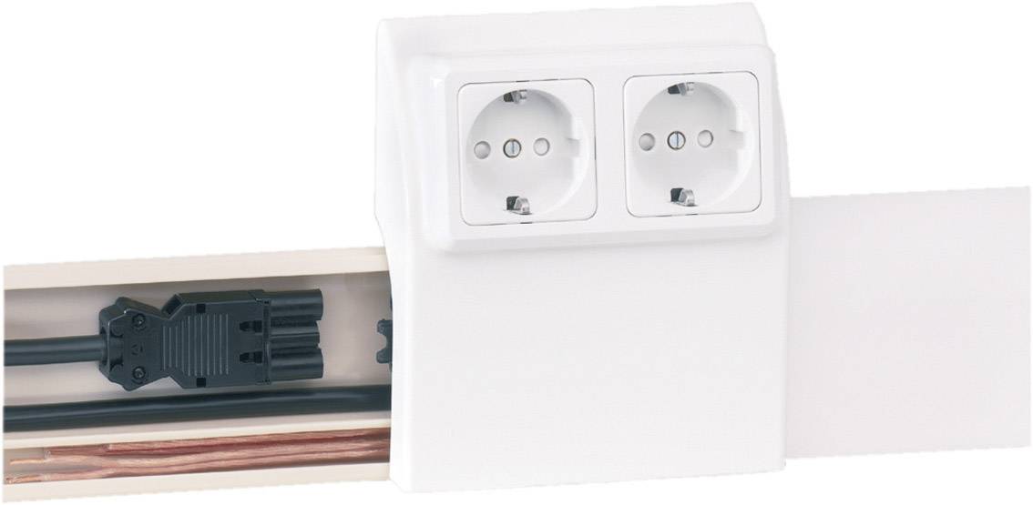 White double socket on a wall, with concealed wiring in a wall channel, with an open section revealing the cables.
