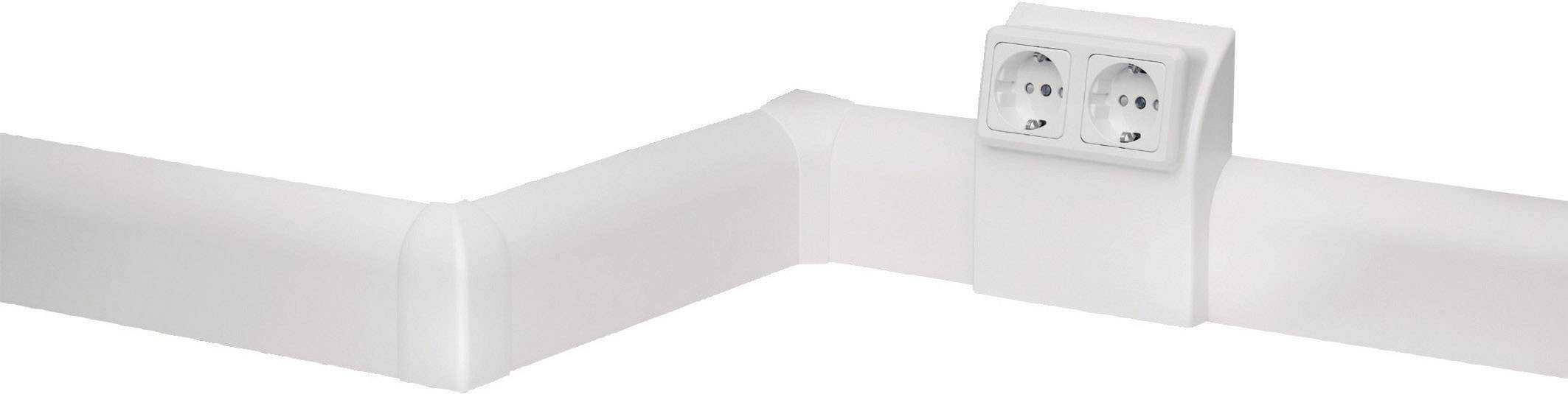 White cable trunking corner with two integrated wall sockets.