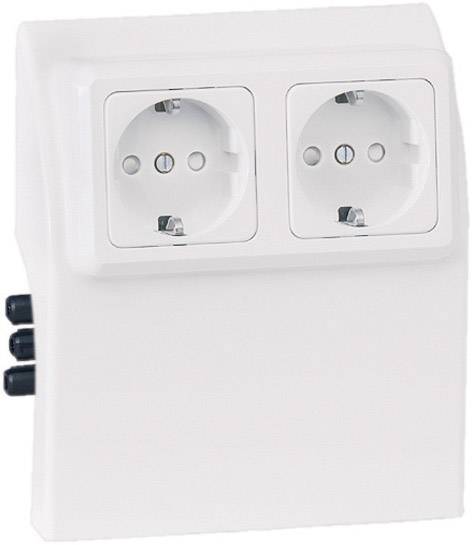 Two white plug sockets in a wall mounting with three black cable openings on the side.