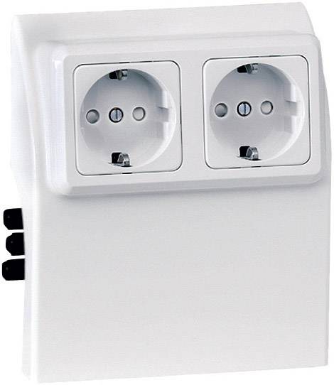 Two white plug sockets side by side on a wall mounting, suitable for Schuko plugs, with three side switches.