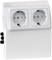 Two white plug sockets side by side on a wall mounting, suitable for Schuko plugs, with three side switches.