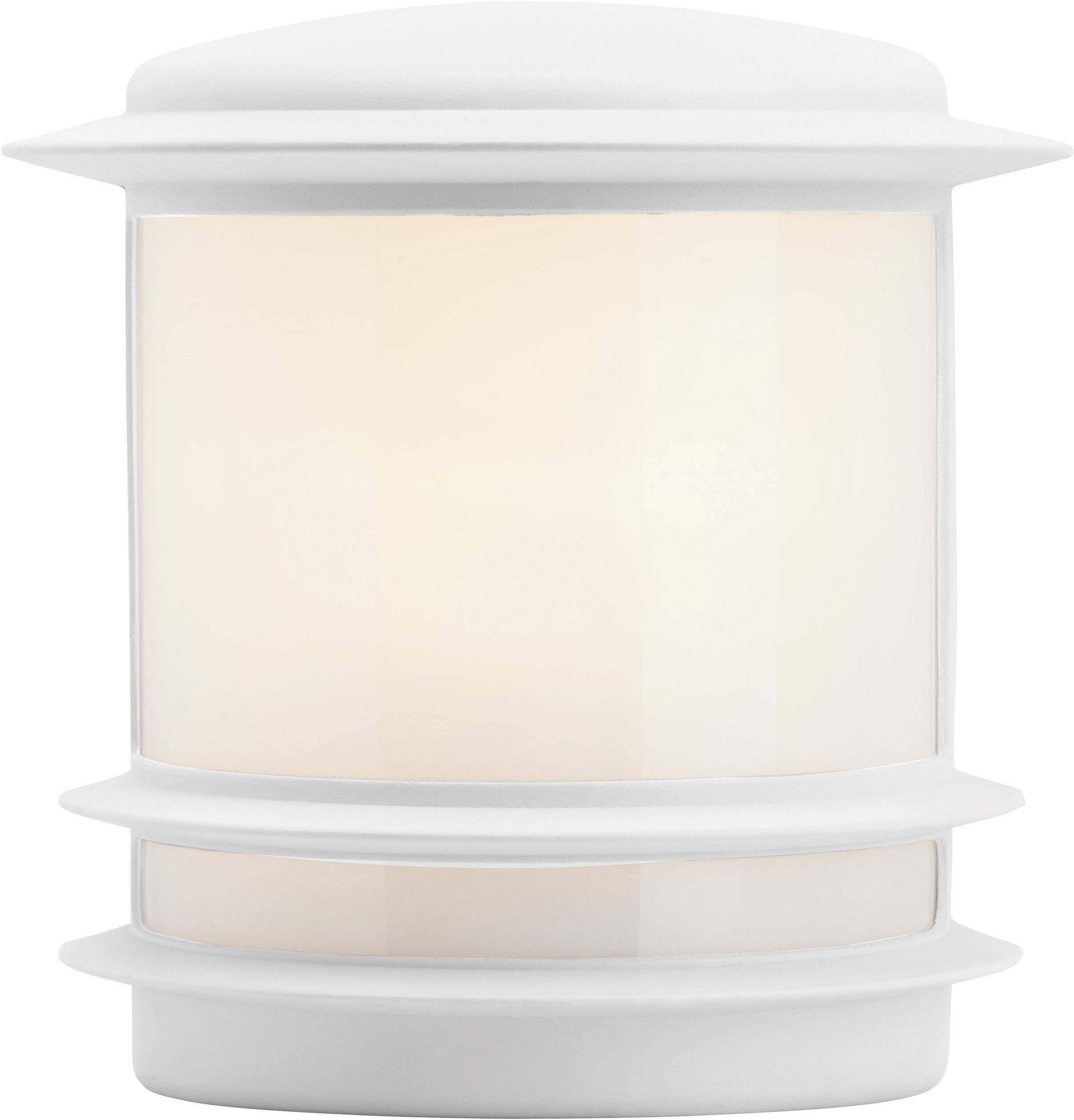 White, cylindrical wall light with frosted glass diffuser, suitable for outdoor use.