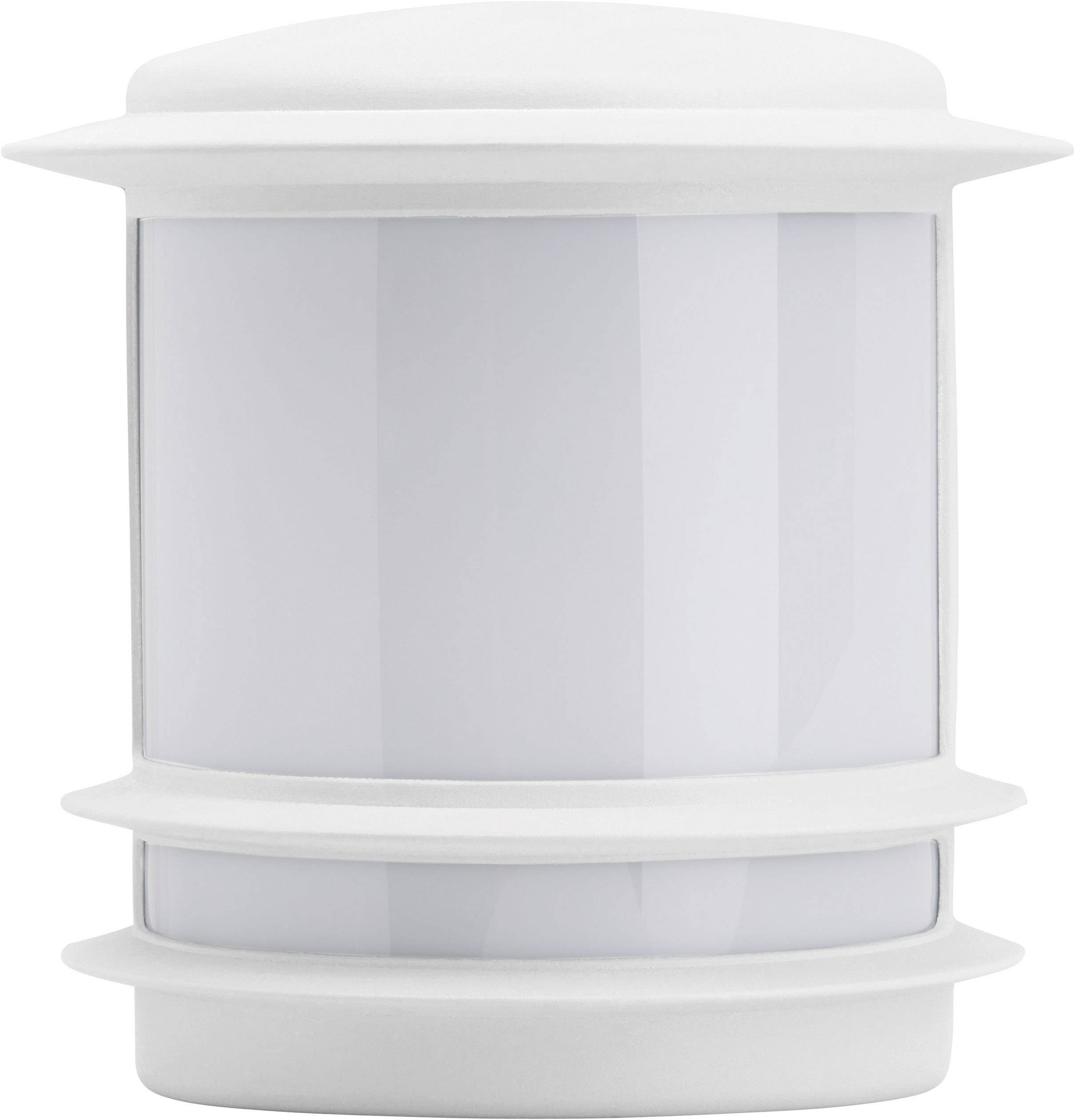 Motion sensor in a cylindrical, white casing.
