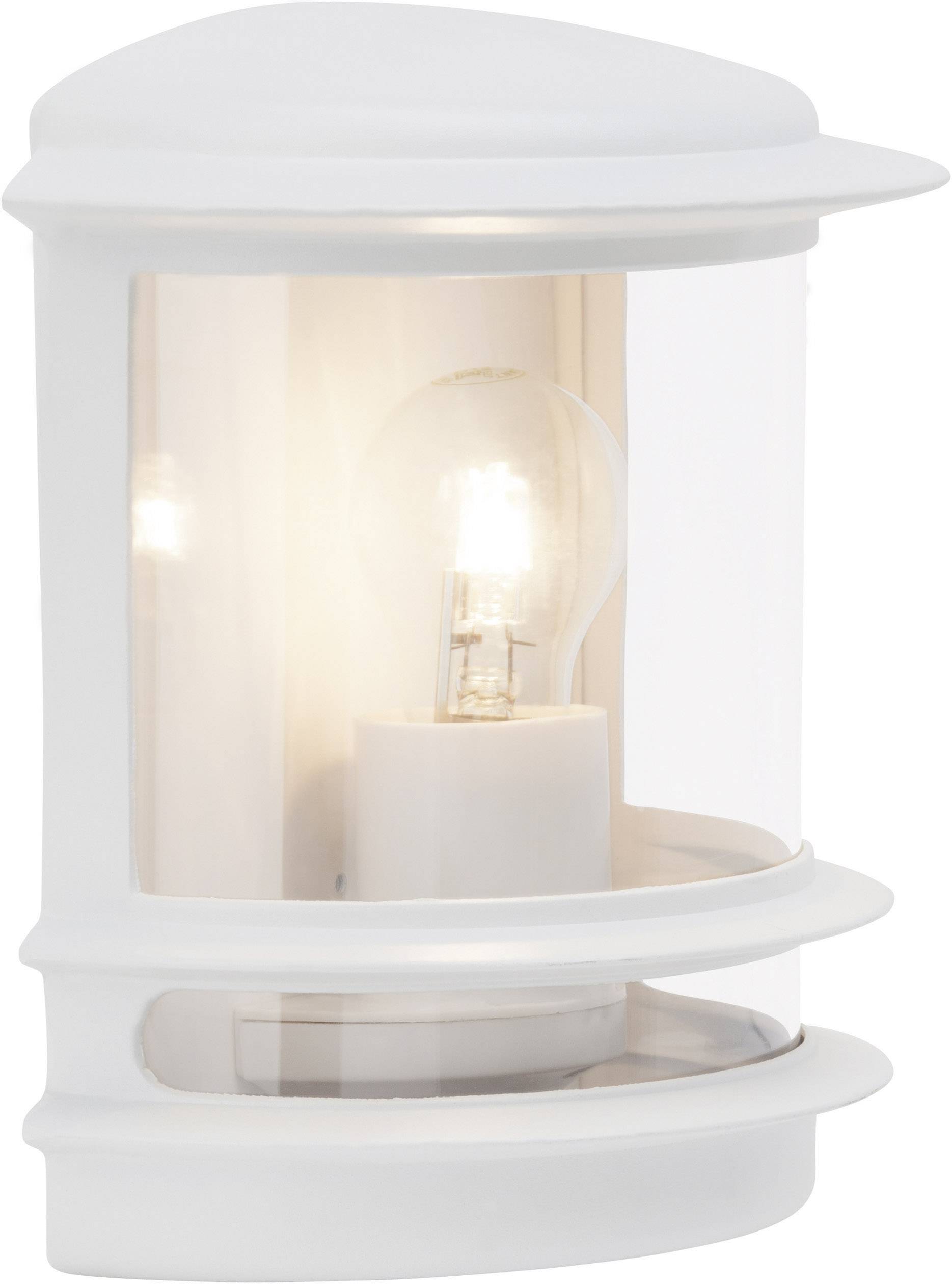 White wall lamp with glass cover and visible light bulb, illuminated.