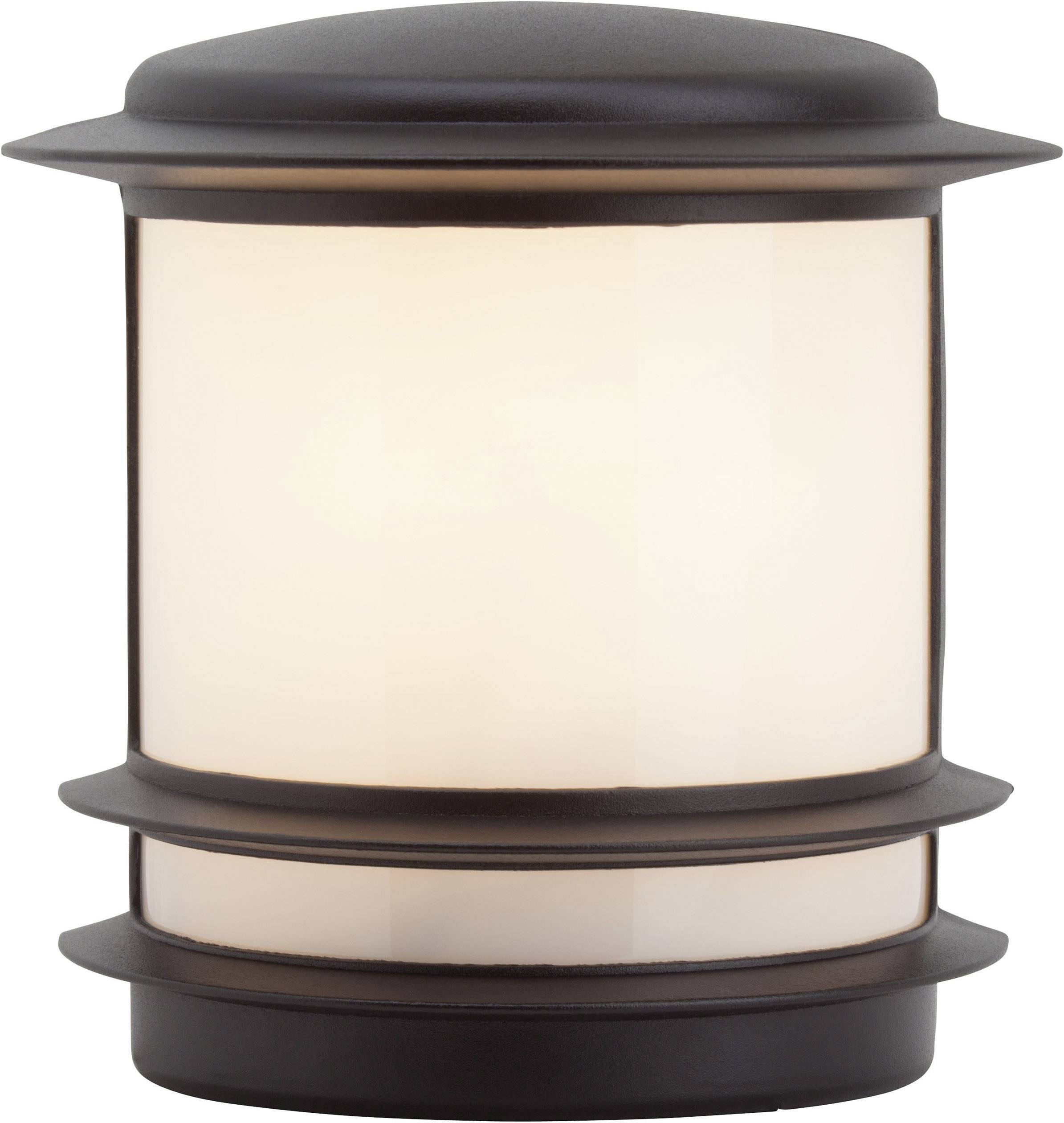 A circular exterior light with a glare-free, white diffuser and a black, metallic housing. Ideal for wall or ceiling mounting.