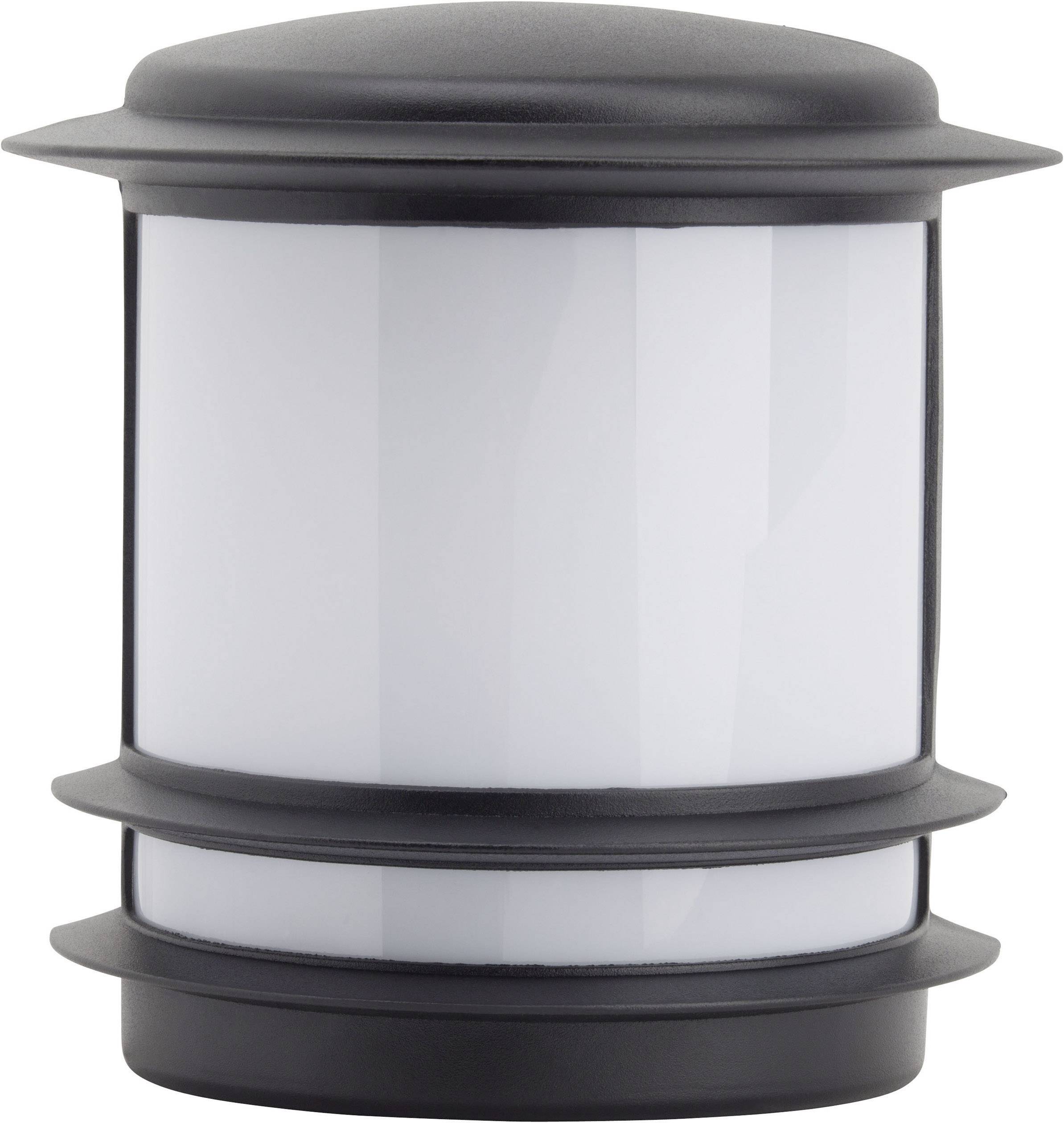 A contemporary, circular exterior light made of black metal with a white, translucent shade, suitable for wall or ceiling mounting.