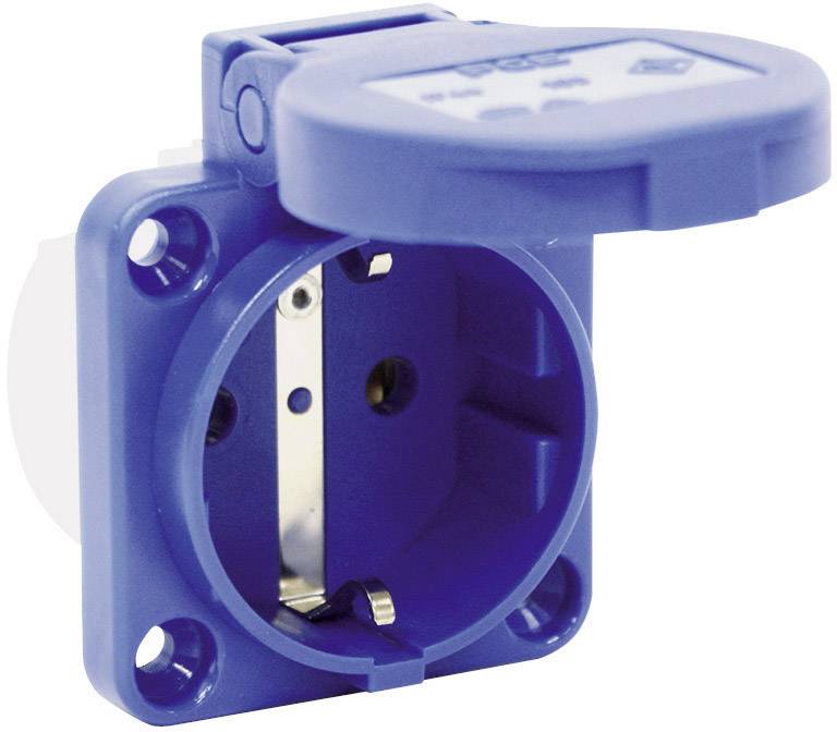 Blue electrical socket with protective earth contact for outdoor use, with cover open.