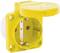 Yellow earthed socket with hinged cover, suitable for use outdoors or in damp environments.