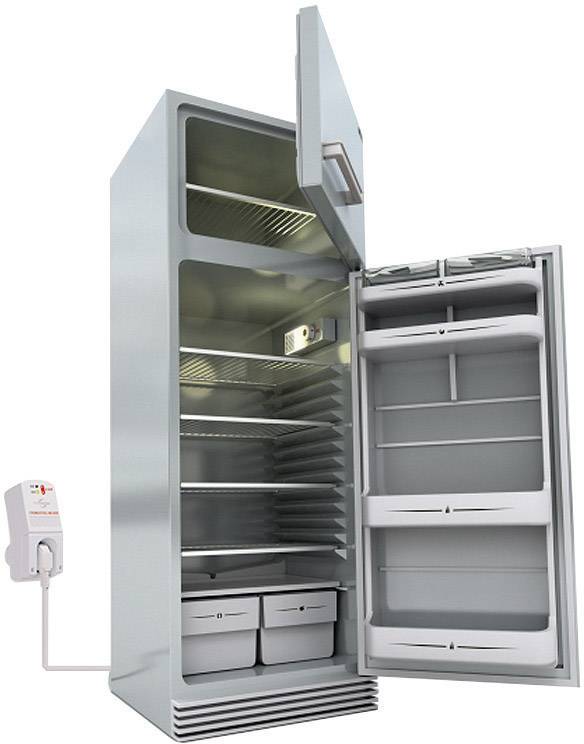 Empty, silver fridge stands open. At the top is a freezer compartment. Inside, several empty shelves and drawers are visible.