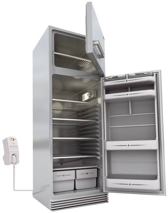 An empty fridge with two open doors reveals several shelves and drawers. A connected power plug is visible.