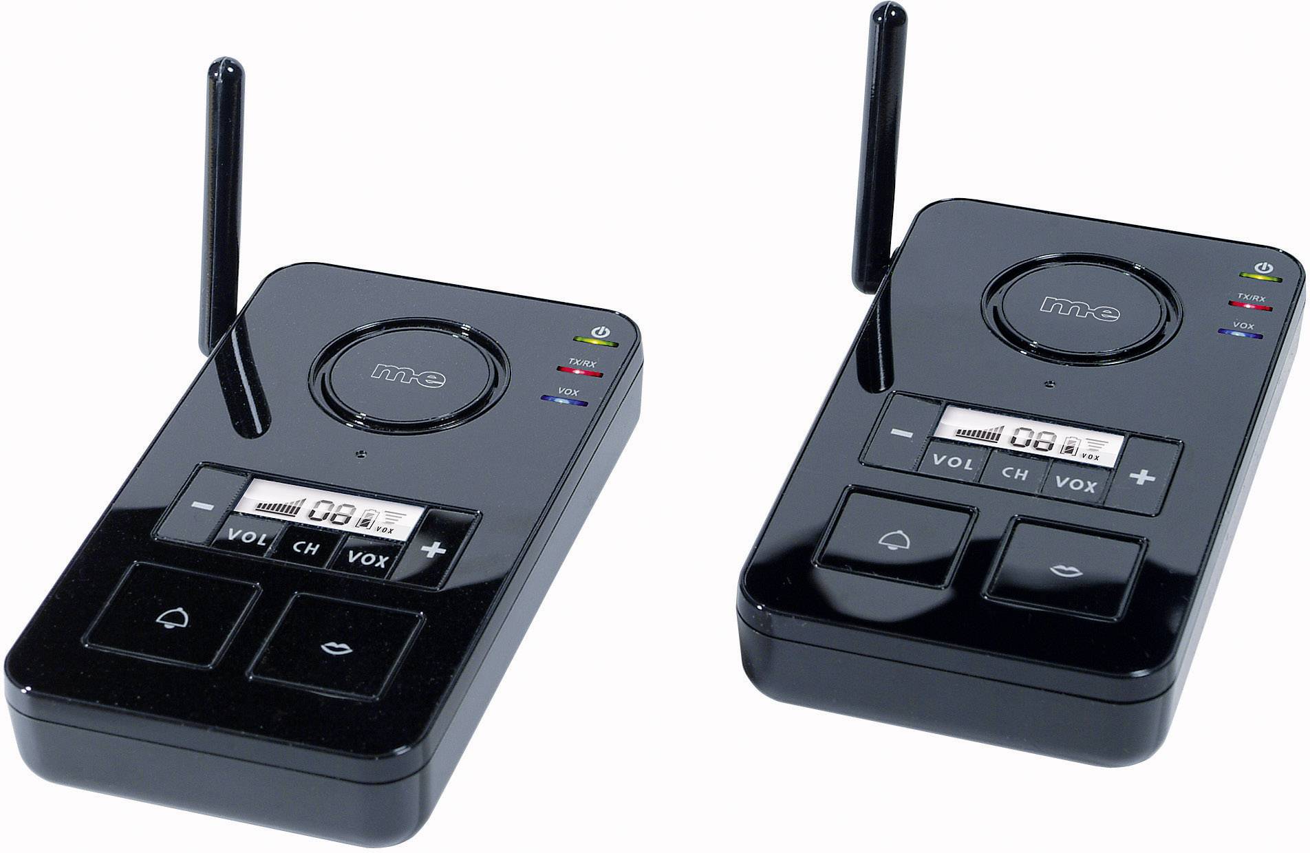 Two black wireless walkie-talkies with aerials and buttons for volume control and channel switching, positioned side by side.