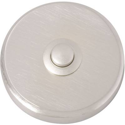 Round, silver button with a brushed surface in the centre of a uniformly coloured, circular plate.