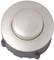 Round, silver-coloured push button on a dark background. Suitable for electronic applications and control panels.