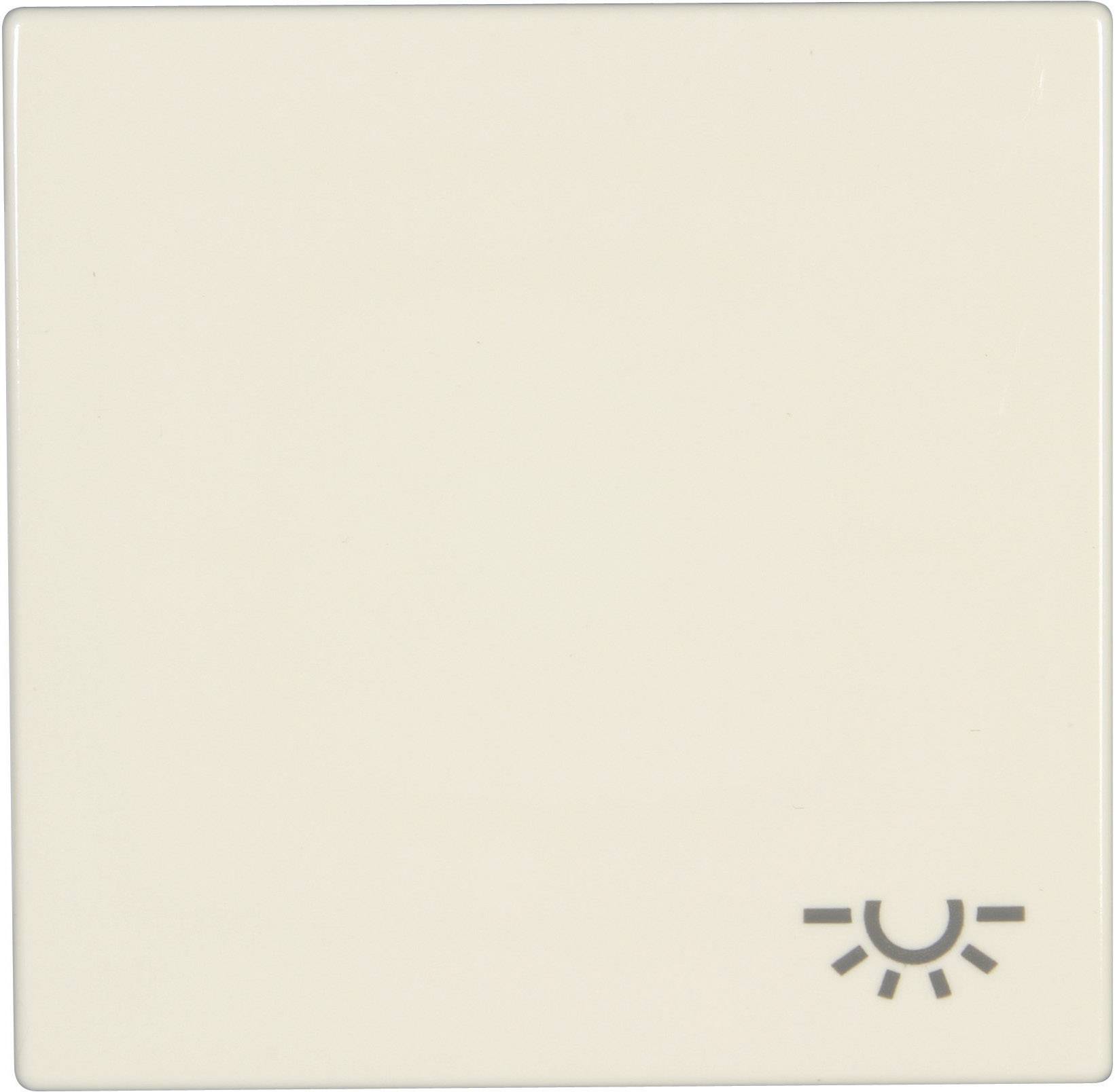 A light beige light switch with a small sun symbol in the bottom right corner on the front.