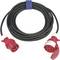 Black extension cable with red CEE plugs. The plug has multiple pins, the socket multiple holes.