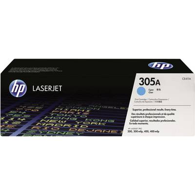 HP LaserJet 305A printer cartridge in Cyan. Packaging displays technical text and graphics in blue and green tones, with HP logo.