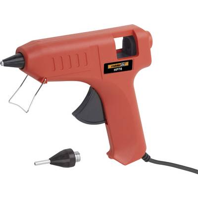 A red hot glue gun with an interchangeable nozzle, suitable for DIY projects and craft work, is lying on a white background.