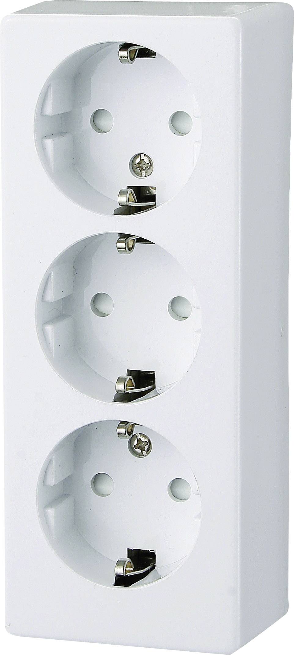 Triple socket outlet in white, used for expanding plug sockets in households or offices.