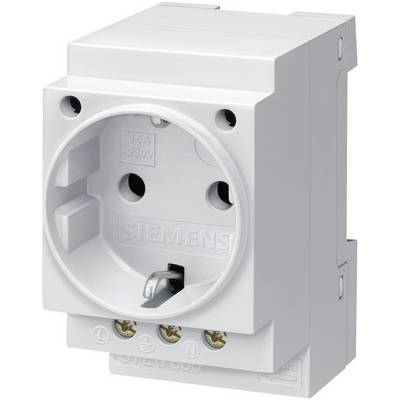 White Siemens electrical socket, mountable in distribution boxes, with labels for wiring and connection.