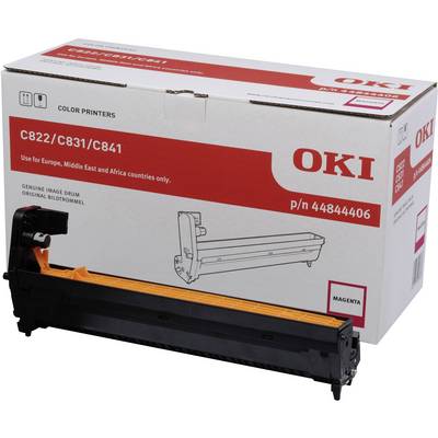 An Oki printer cartridge for the C822, C831, and C841 models. Packaging emphasises usage in Europe, the Middle East, and Africa.