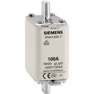 Siemens fuse 100A, model number 3NA3 830-7. Suitable for voltages up to 500V and current of 120kA. Manufactured in Germany.