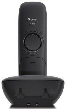 A Gigaset A415 cordless telephone with base station. Black design, primarily used for calls in households or offices.