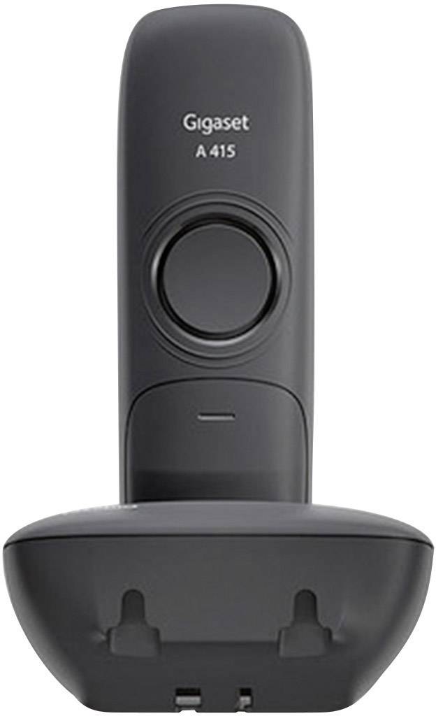 Cordless telephone with base station. Black design, brand 'Gigaset A415'. Keypad and display not visible.
