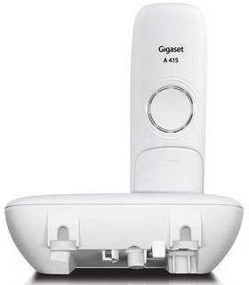 Cordless telephone Gigaset A 415, white, standing on charging station. Key features: large display, user-friendly buttons. Ideal for home use.
