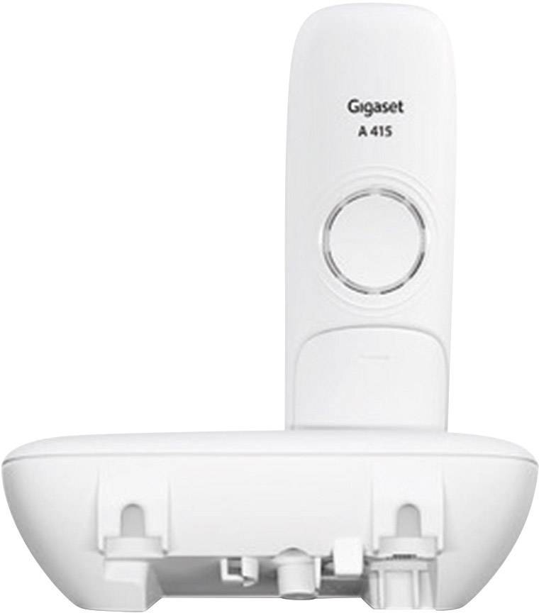 A Gigaset A415 cordless telephone, white, with charging station. Main functions are making calls and displaying call logs.