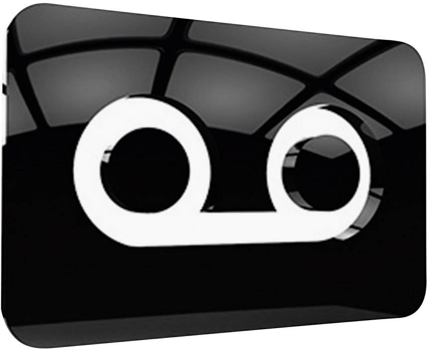 A stylised, glossy symbol on a black background with a shape reminiscent of two interconnected circles.