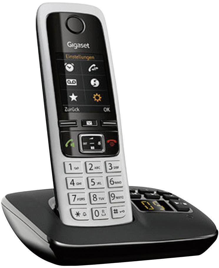 Cordless landline telephone with charging station, black design, display shows menu icons for settings, phone numbers, and messages.