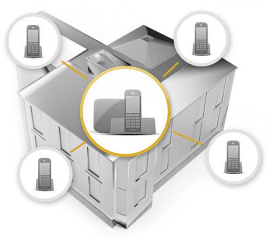 A house with a central telephone, connected to several surrounding telephones. Representation of telecommunications networks.