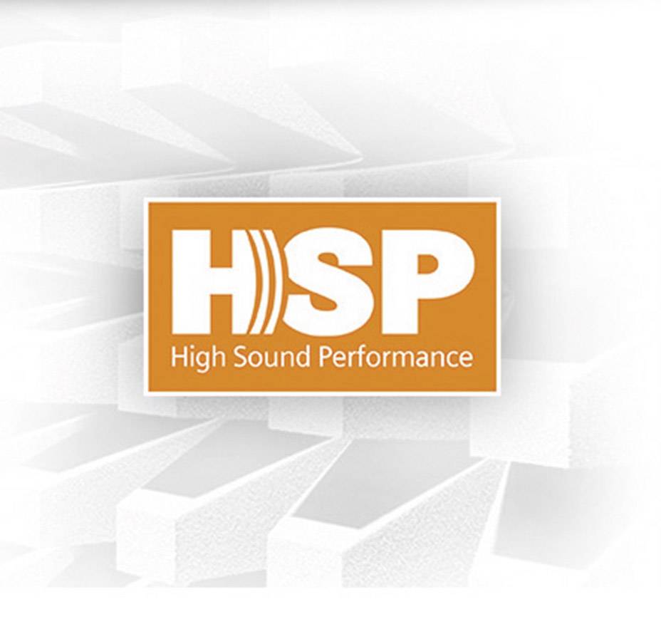 Logo 'HSP High Sound Performance' on an orange background, surrounded by abstract white blocks.
