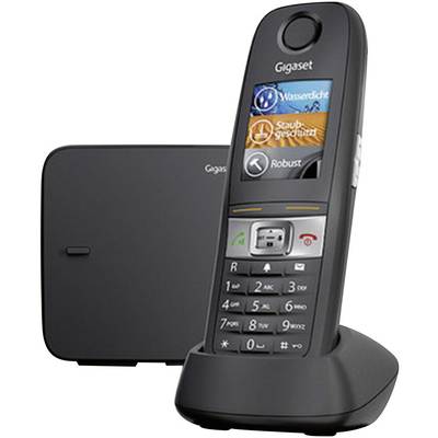 A black cordless telephone with a base station. The display shows symbols and the words 'Waterproof', 'Dust-Protected', 'Robust'.