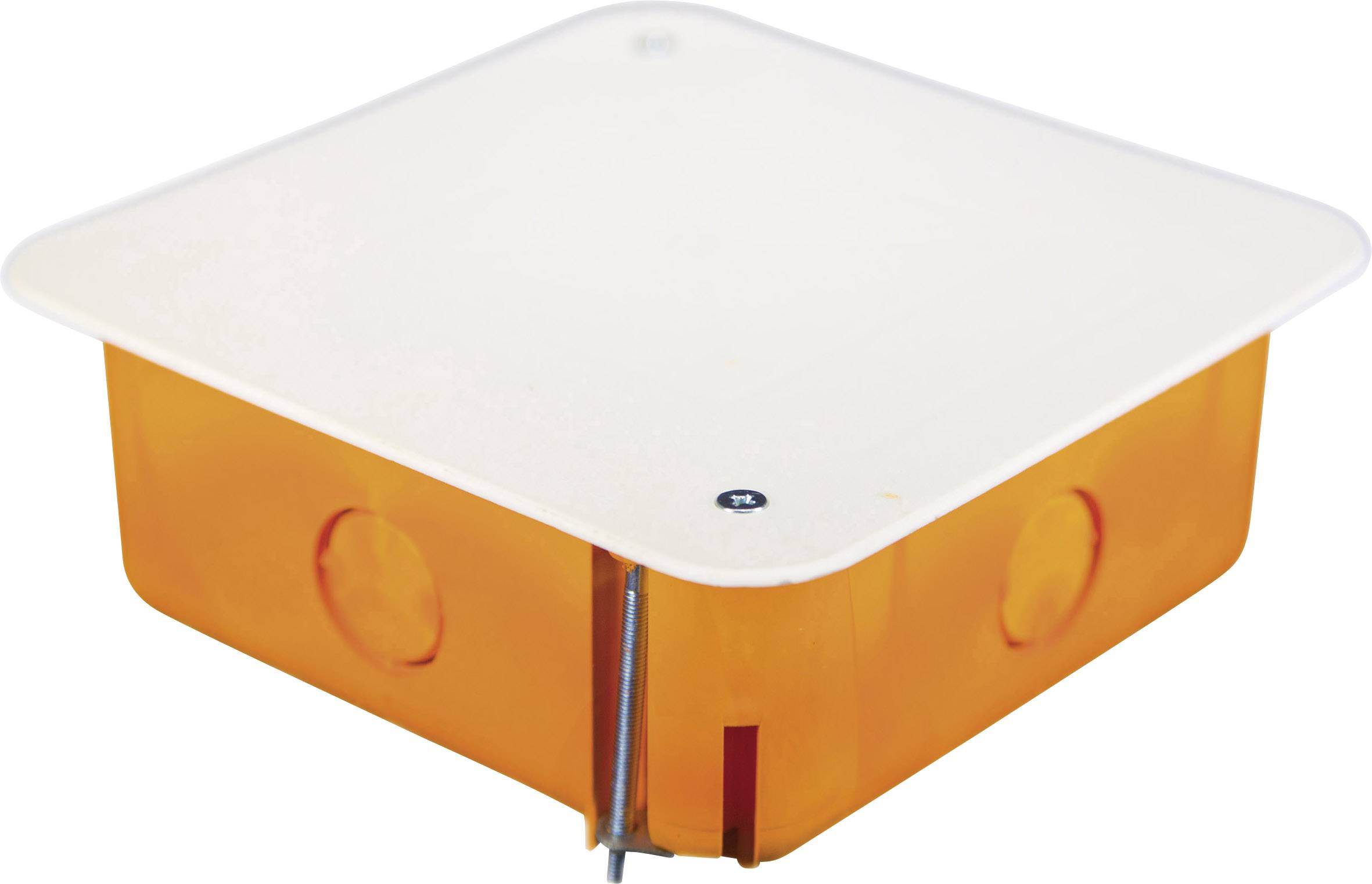 An orange, square plastic junction box with a white lid and a screw on the side, likely for electrical installations.
