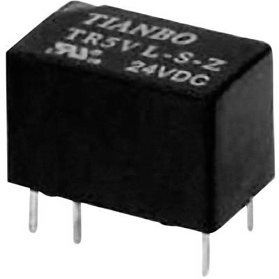 Black relay with four metal pins and the inscription 'TIANBO TR5V-L-S-Z 24VDC' on the top surface.
