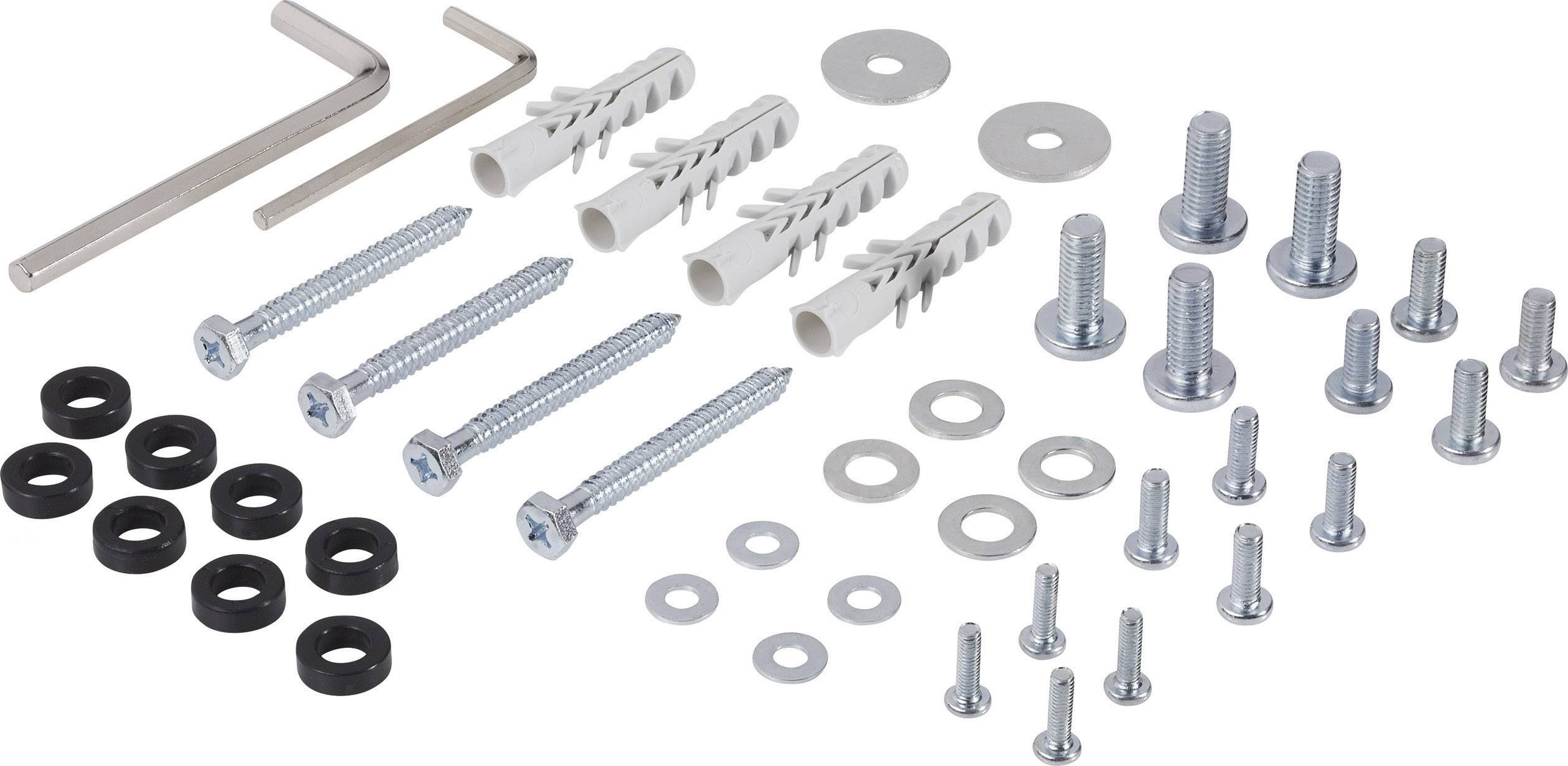 Various screws, wall plugs, washers and two Allen keys on a white background, ready for assembly.