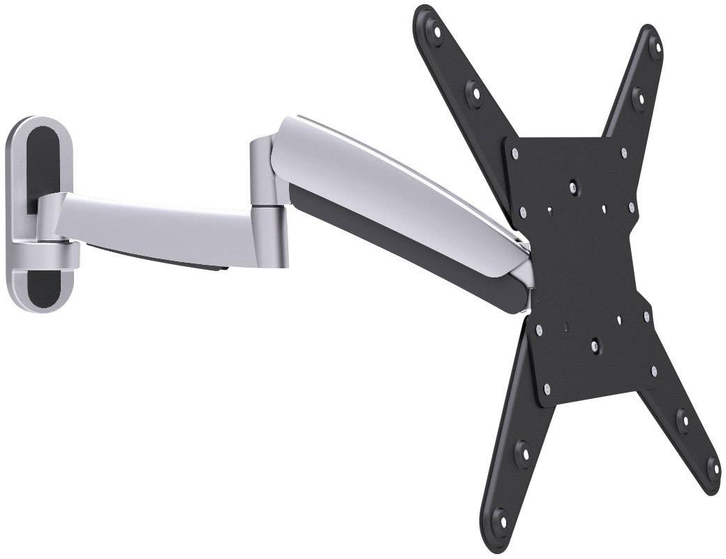 Wall-mounted, adjustable monitor mount with a articulated arm and a VESA plate for attaching displays. Ideal for flexible screen positioning.