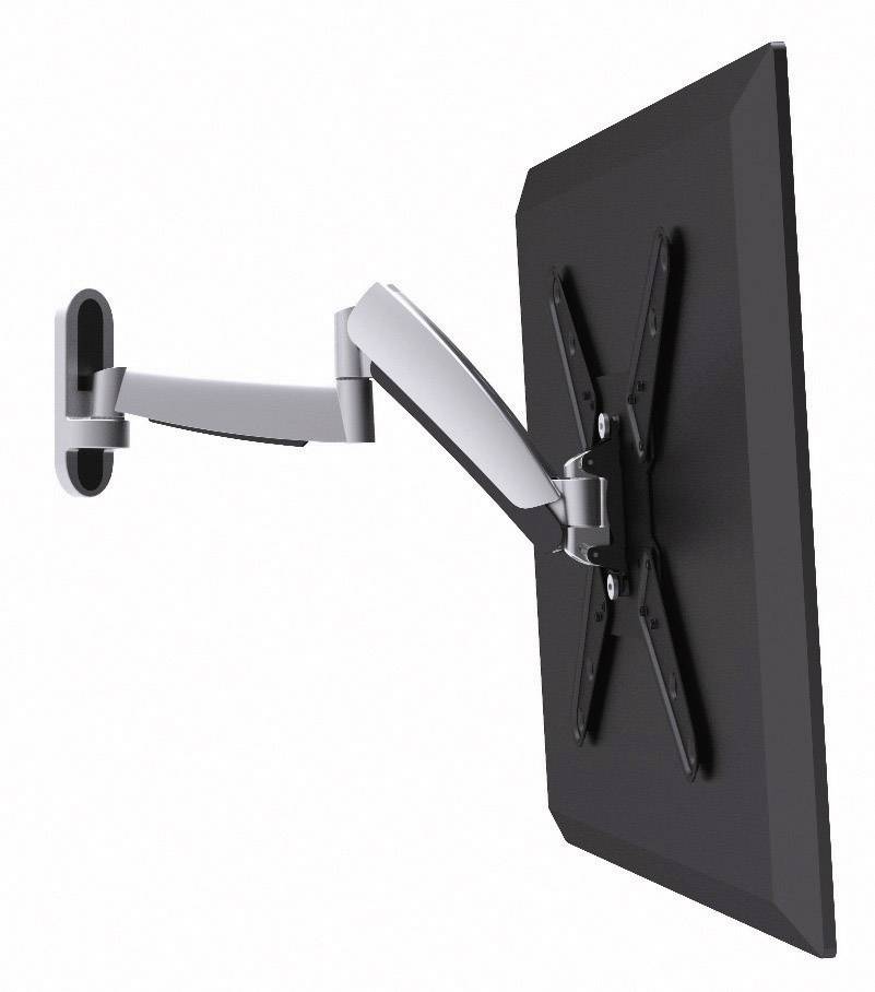Image of a black wall-mounted flat screen bracket with a pivoting arm that enables flexible positioning.