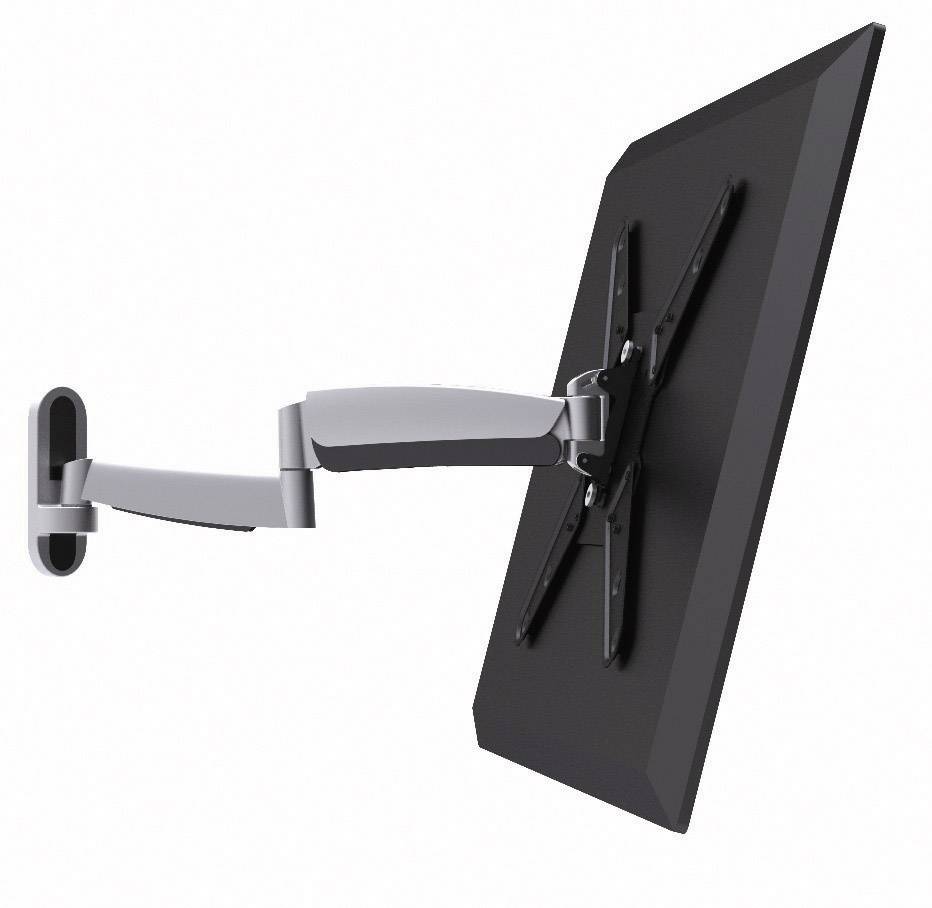 A black monitor mounted on an adjustable grey wall bracket, which allows the screen to be tilted into various positions.