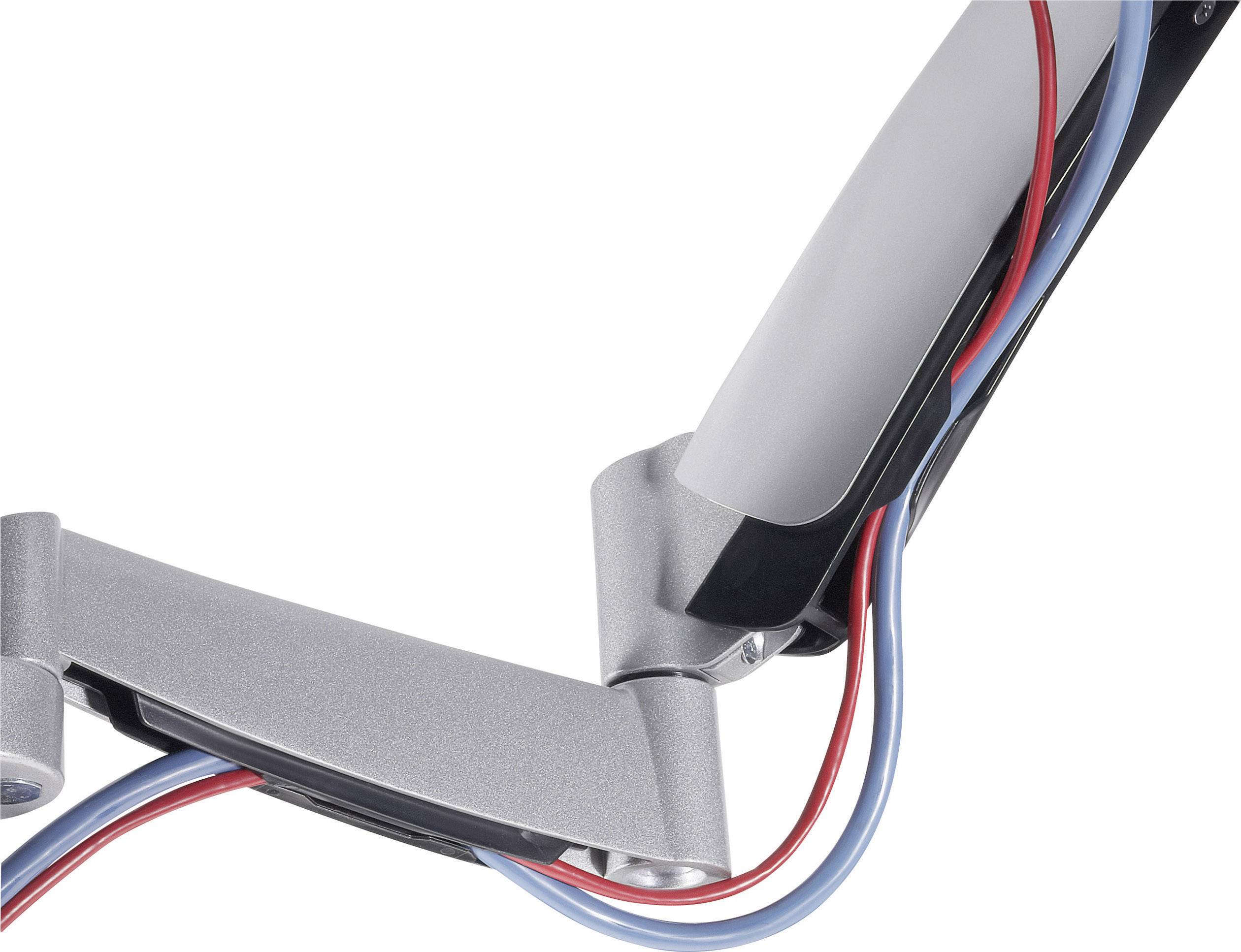 A silver mechanical hinge with red and blue sheathed cables, mounted on a grey arm.